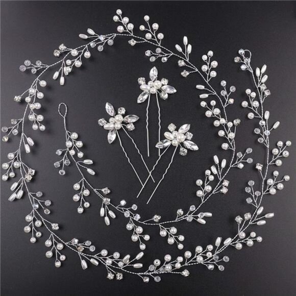 Bridal Rose Gold & Silver Pearl & Crystal Hair Vine – Extra Long Headpiece - Picture 6 of 7